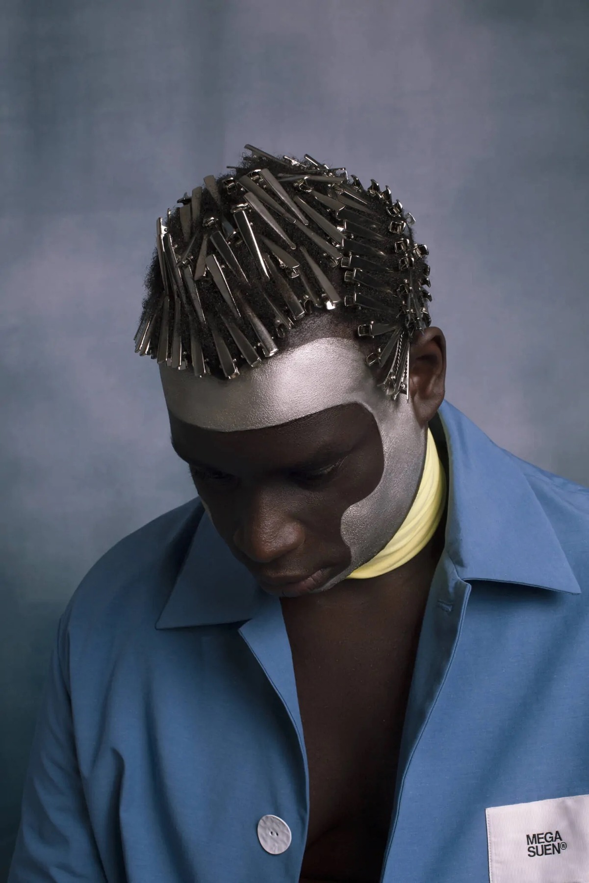 Silver graphic make-up and sculptural hair clips, Metalhead Magazine, Singula